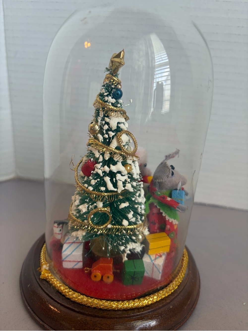 Vintage Holiday Mouse Dome Ornament with Green Tree and Red Accents - Picture 5 of 7